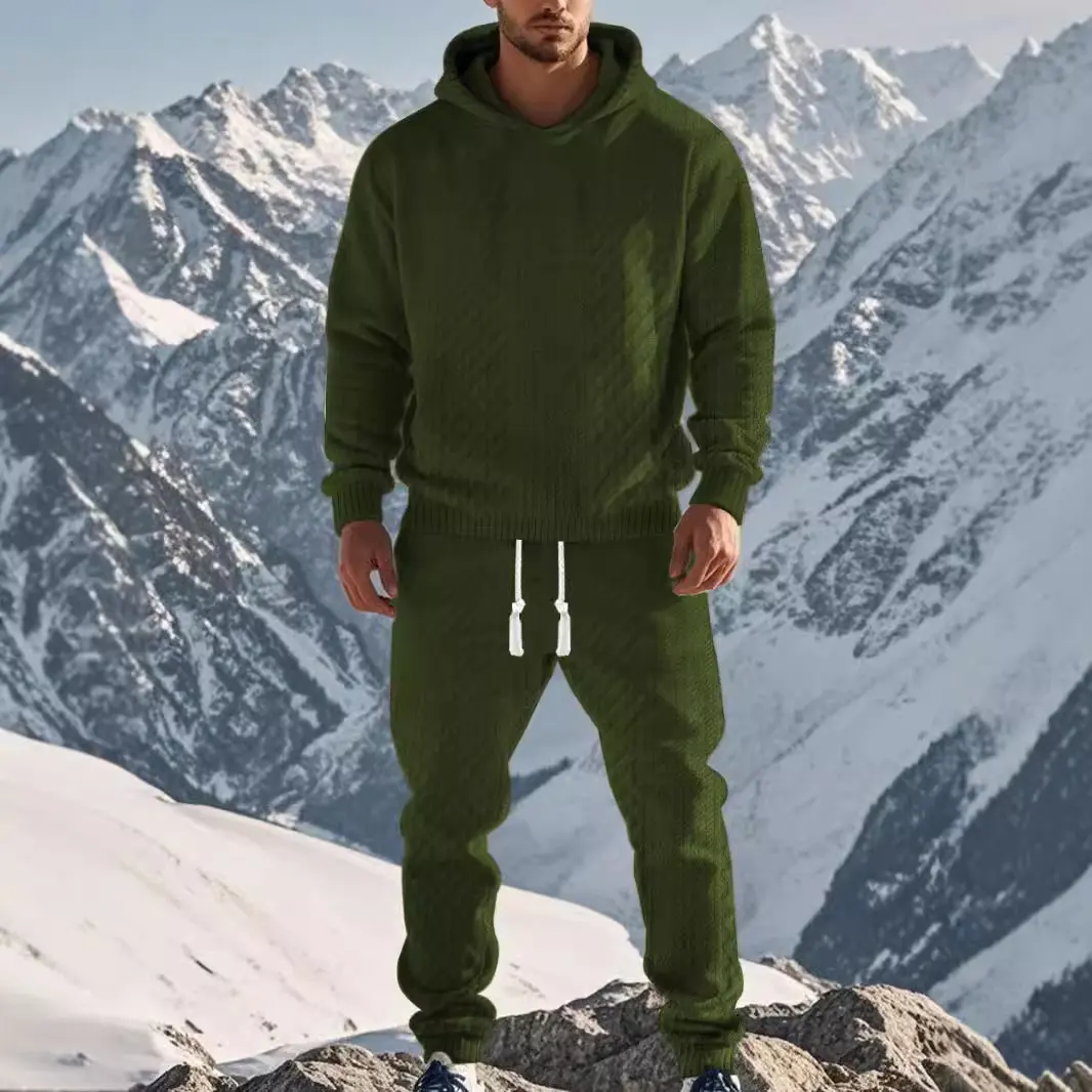 Men Hooded Pullover Jacquard Sweatshirt Trendy Casual Sportsuit Long Sleeve Streetwear Autumn Winter Warm Fleece Hoodie