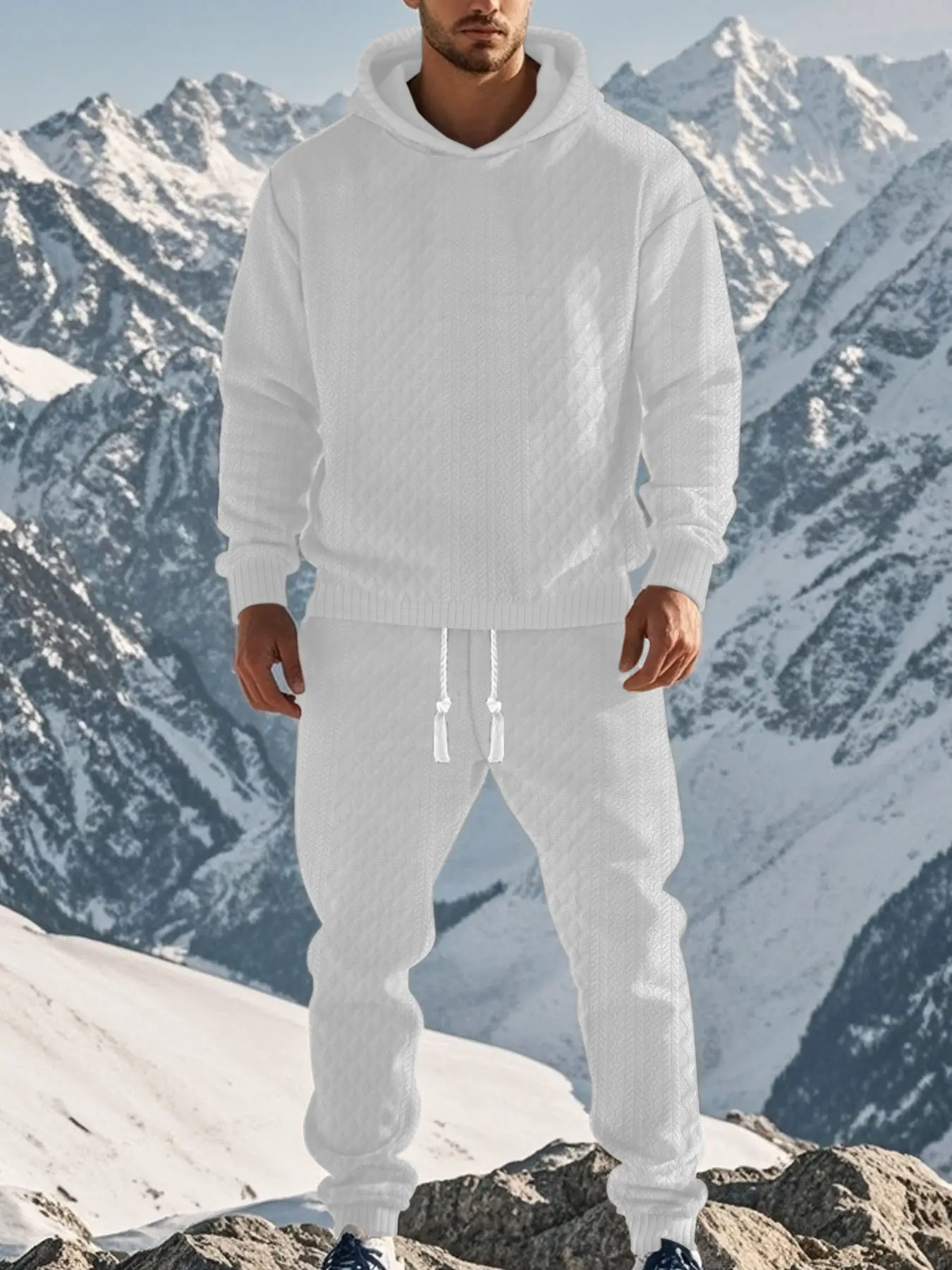 Men Hooded Pullover Jacquard Sweatshirt Trendy Casual Sportsuit Long Sleeve Streetwear Autumn Winter Warm Fleece Hoodie