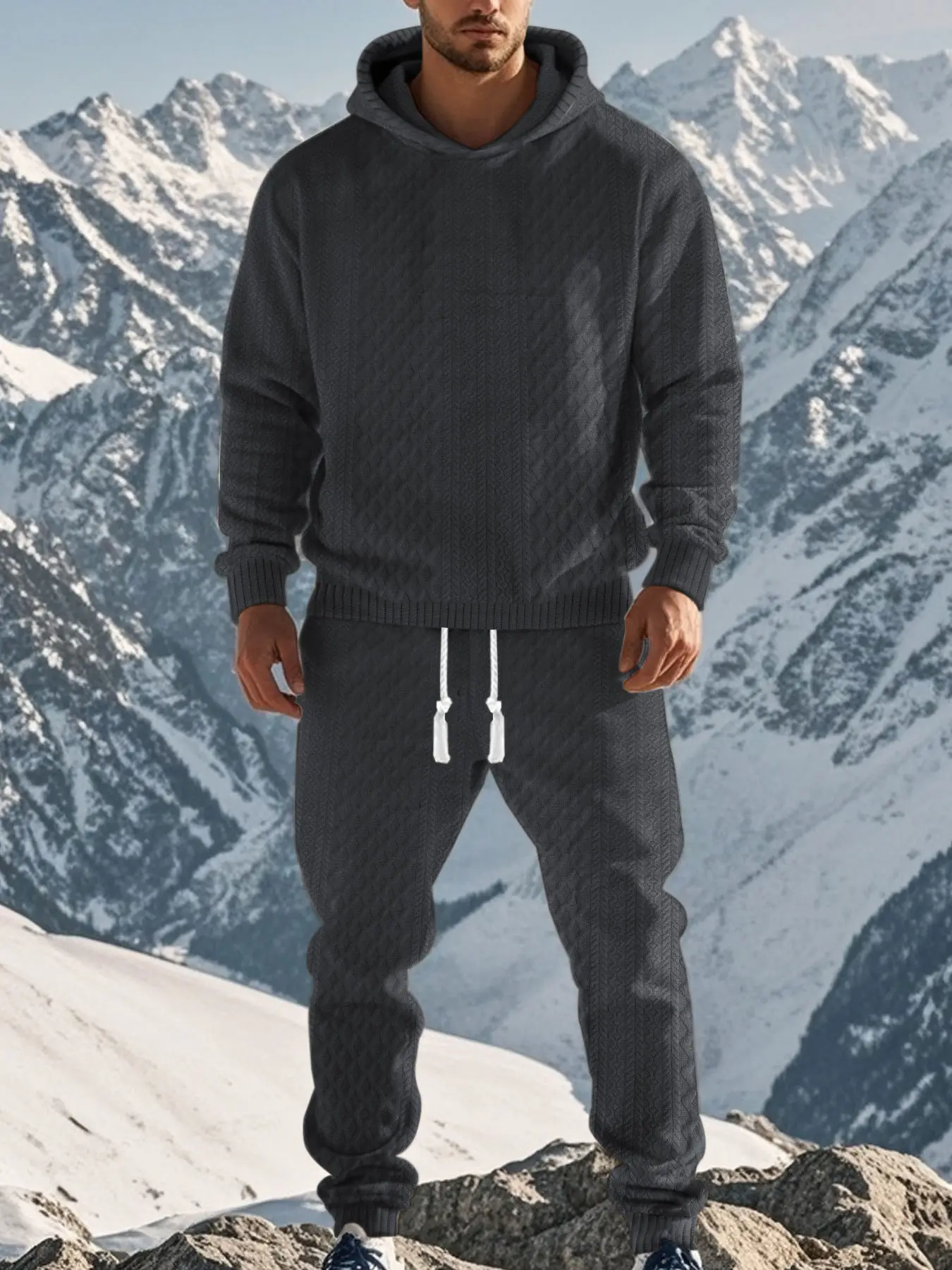 Men Hooded Pullover Jacquard Sweatshirt Trendy Casual Sportsuit Long Sleeve Streetwear Autumn Winter Warm Fleece Hoodie
