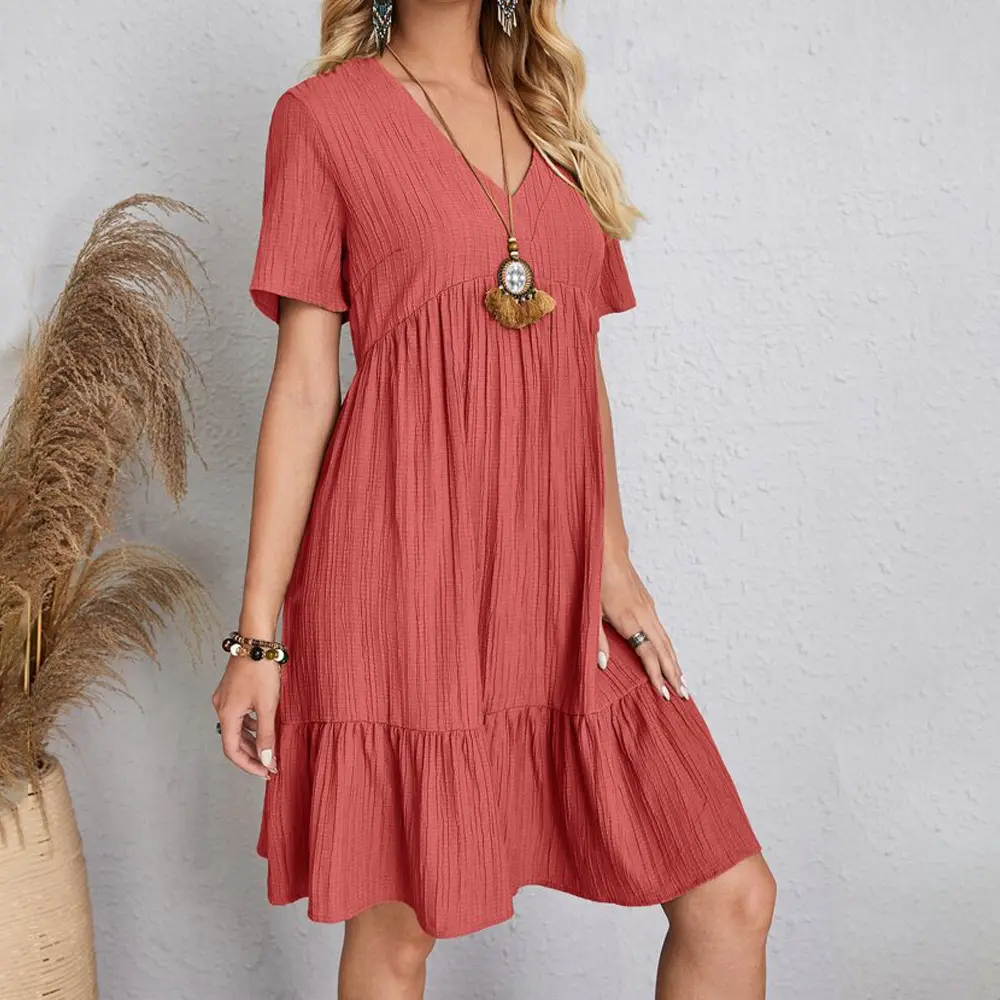 Summer Womens Short Sleeve Mini Dress Ladies Pleated Ruffle Solid Dresses Casual V Neck Vintage Loose Vestidos