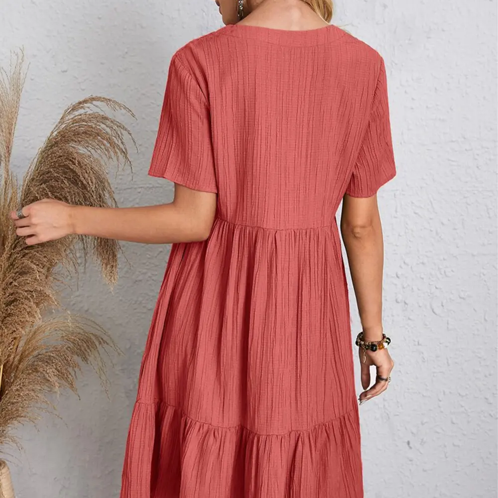 Summer Womens Short Sleeve Mini Dress Ladies Pleated Ruffle Solid Dresses Casual V Neck Vintage Loose Vestidos