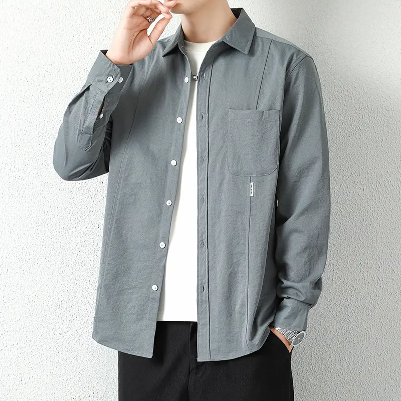 New Mens Long Sleeve Shirt Solid Color Casual Youth Trendy Hong Kong Style Loose Shirt Jacket High Quality Fashion Oversized Top