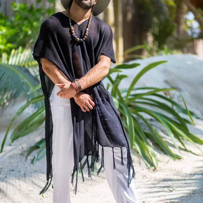 Men Hooded Tassel Beach Coat Pullover Trench Coat Casual Summer Lightweight Breathable Linen Cotton Vacation Resort Jacket Multi