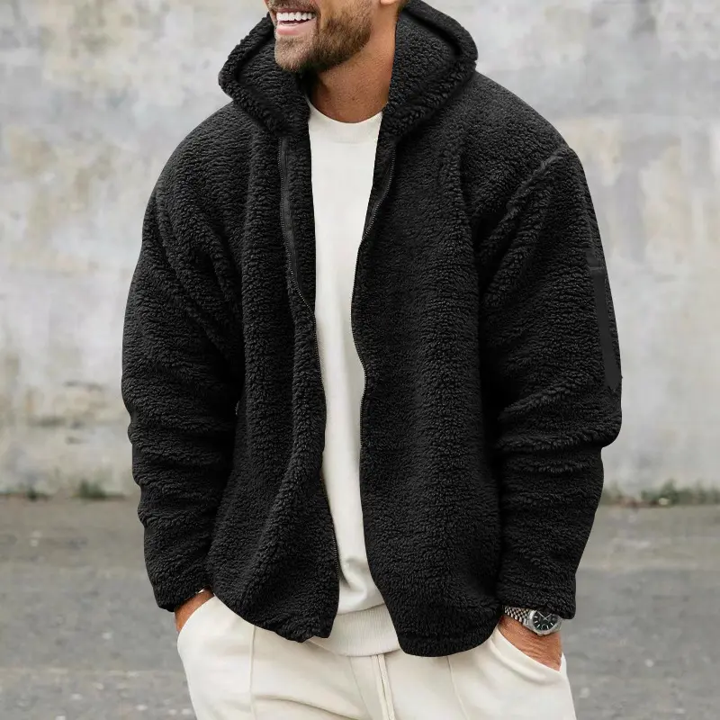 Mens Double Sided Fleece Jacket Autumn Winter Warm Hooded Loose Casual Coat Reversible Thickened Outerwear Streetwear Fashion