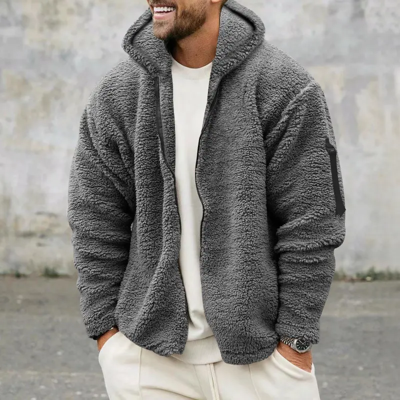 Mens Double Sided Fleece Jacket Autumn Winter Warm Hooded Loose Casual Coat Reversible Thickened Outerwear Streetwear Fashion