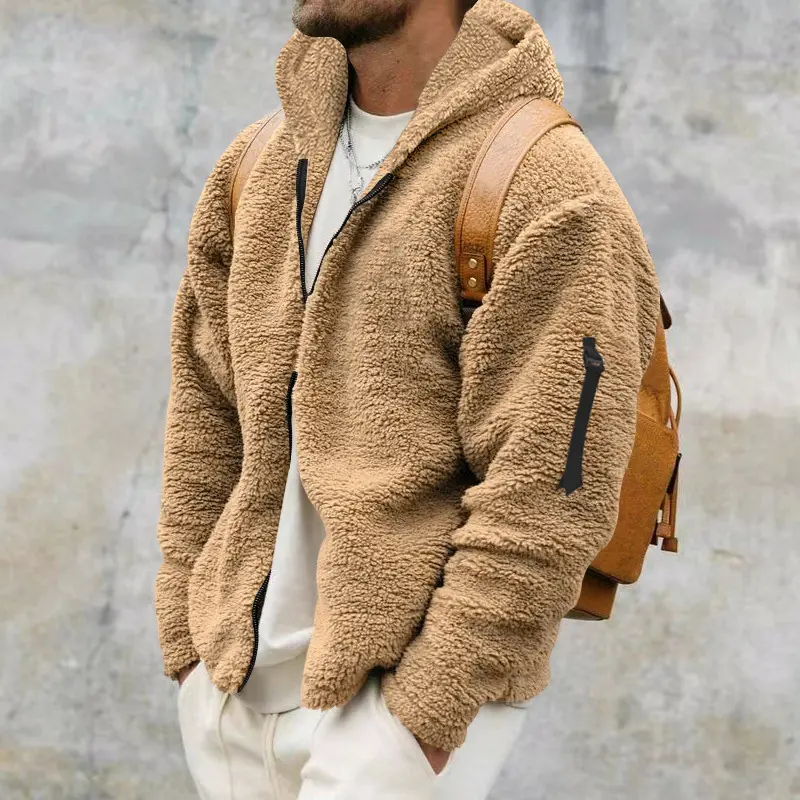 Mens Double Sided Fleece Jacket Autumn Winter Warm Hooded Loose Casual Coat Reversible Thickened Outerwear Streetwear Fashion