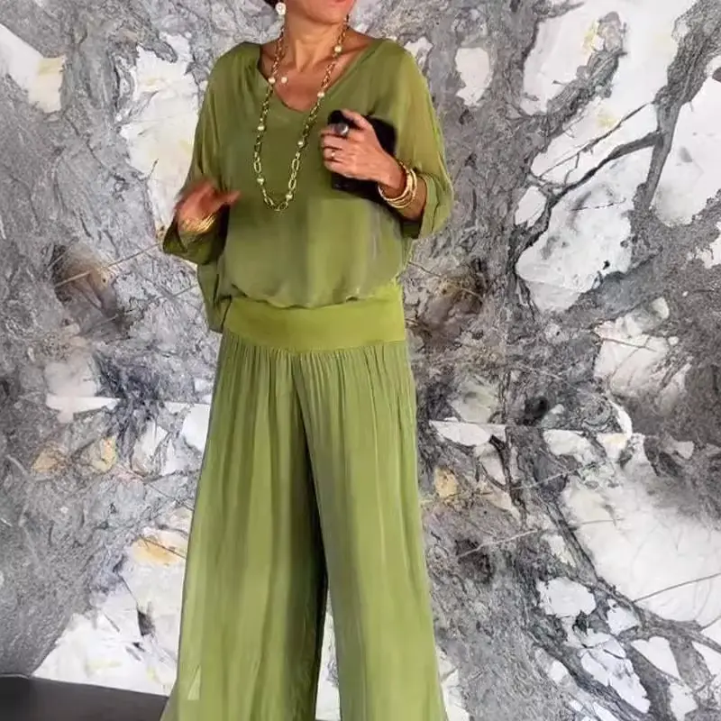 2025 Hot Selling Summer New Product Women's Clothing Trend Simple Temperament Fashion Hot Selling Solid Color Chiffon Suit Women