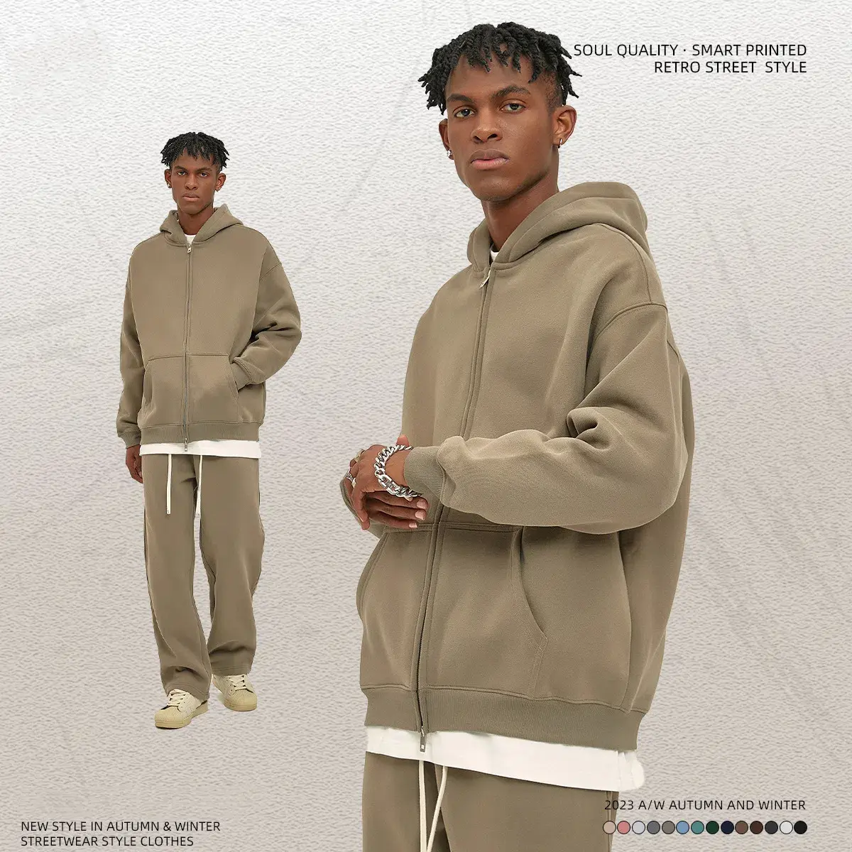 Men Velvet 350G Double Head Zipper Hoodie Loose Fit Cardigan 2025 Autumn Winter New Fashion Casual Streetwear Solid Color