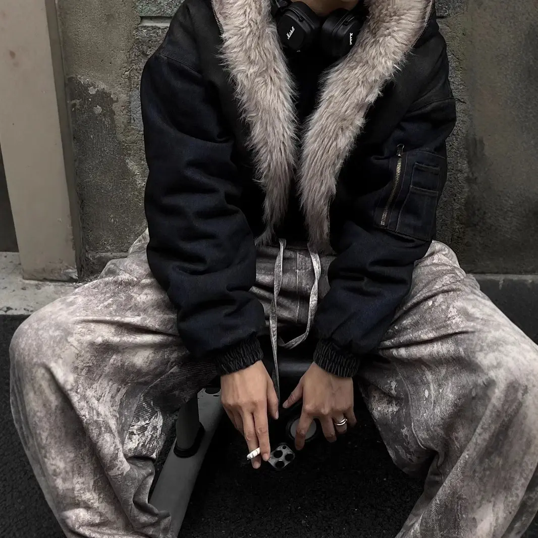 Vintage Denim Parkas Fur Warm Padded Jackets Men Streetwear Harajuku Oversized Bubble Coat Outwear