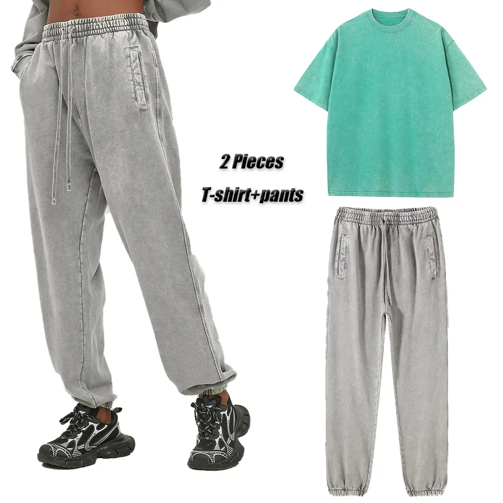 Printed Acid Washed Retro Punk T-Shirt + Acid Pants Set For Men Adults Cotton Shorts Two-Piece Suit Harajuku Streetwear Unisex