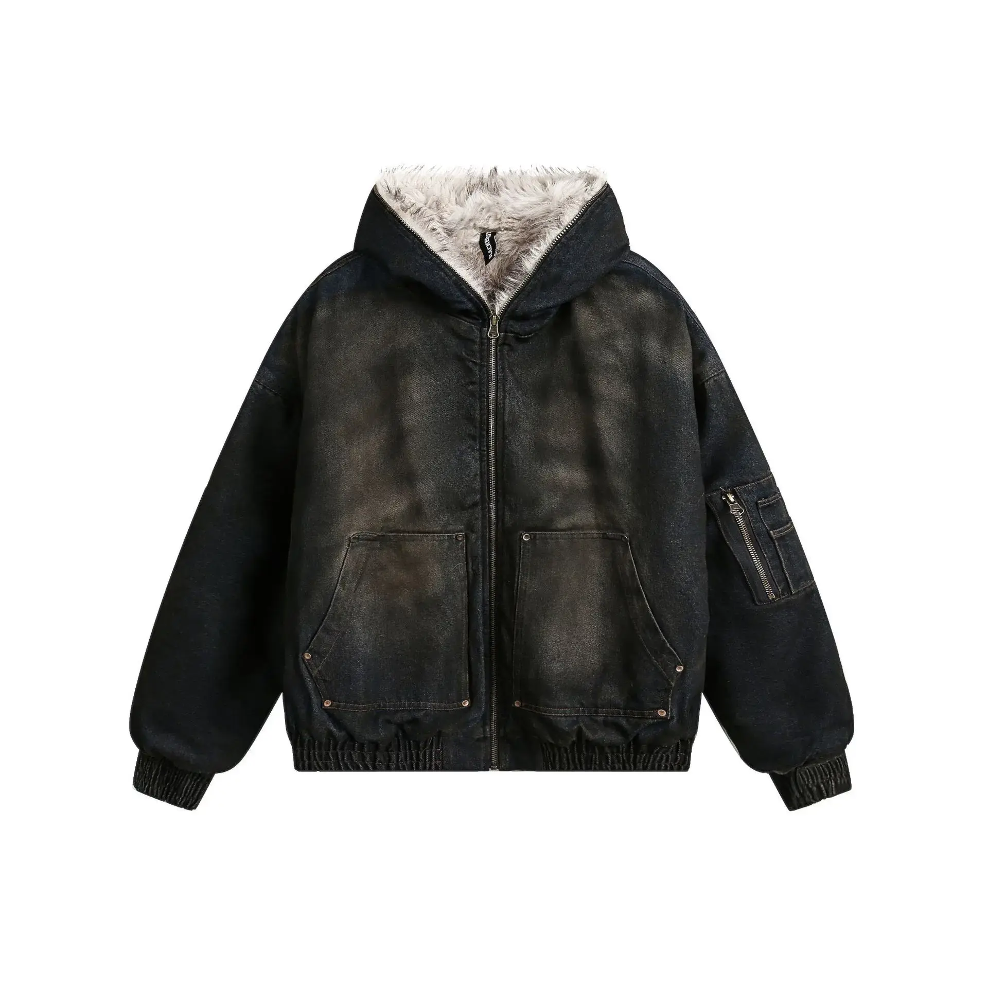 Vintage Denim Parkas Fur Warm Padded Jackets Men Streetwear Harajuku Oversized Bubble Coat Outwear