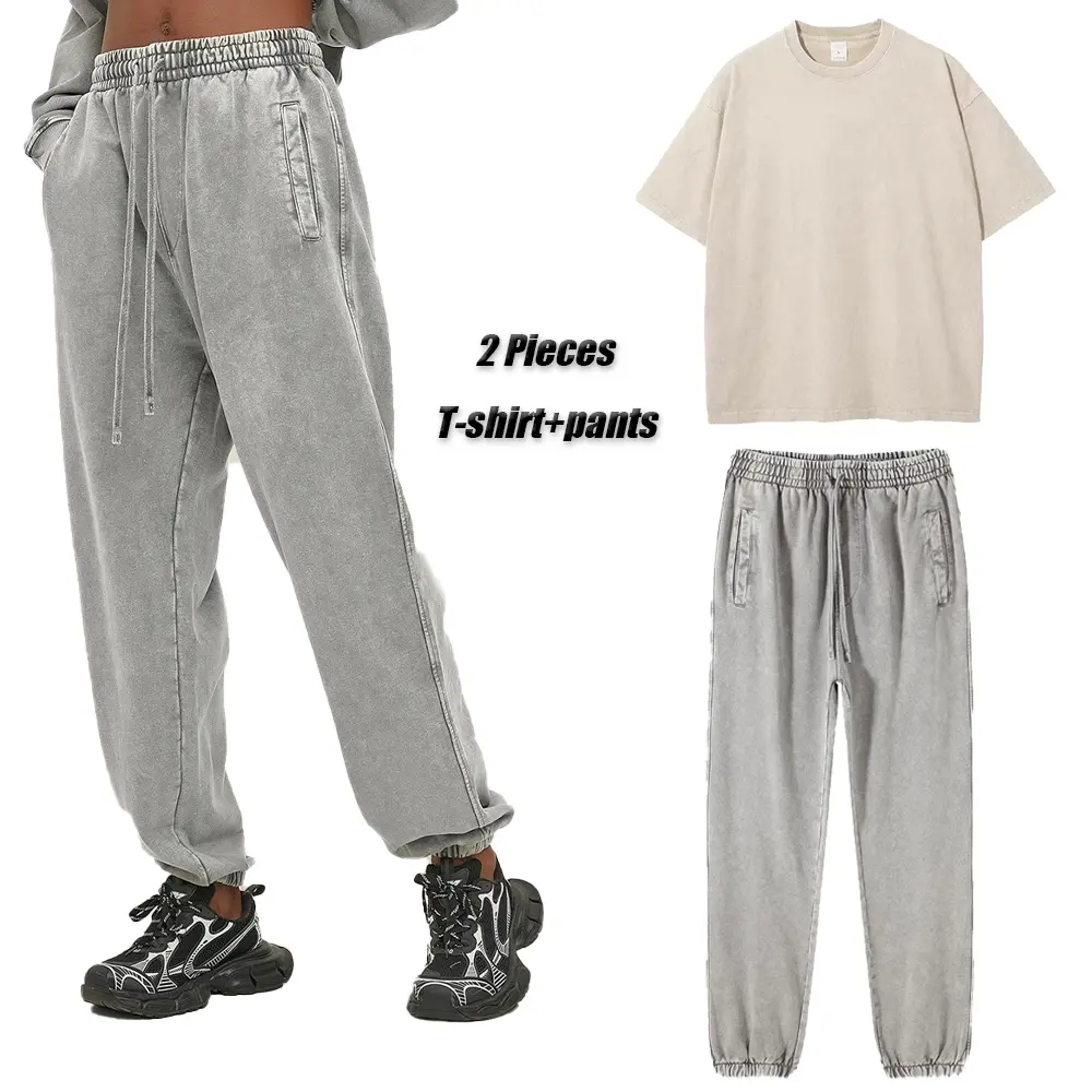 Printed Acid Washed Retro Punk T-Shirt + Acid Pants Set For Men Adults Cotton Shorts Two-Piece Suit Harajuku Streetwear Unisex