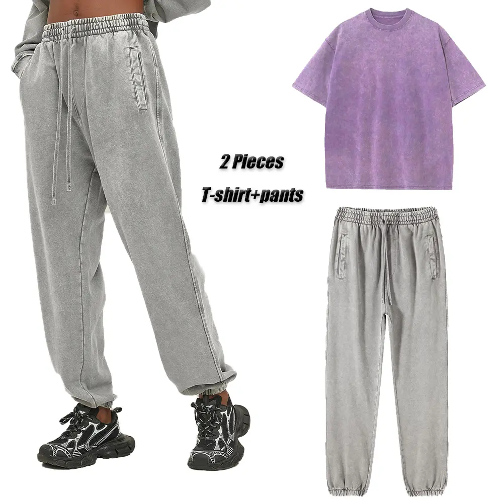 Printed Acid Washed Retro Punk T-Shirt + Acid Pants Set For Men Adults Cotton Shorts Two-Piece Suit Harajuku Streetwear Unisex