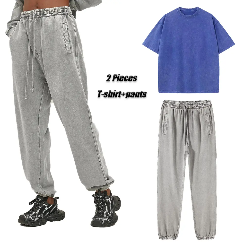 Printed Acid Washed Retro Punk T-Shirt + Acid Pants Set For Men Adults Cotton Shorts Two-Piece Suit Harajuku Streetwear Unisex