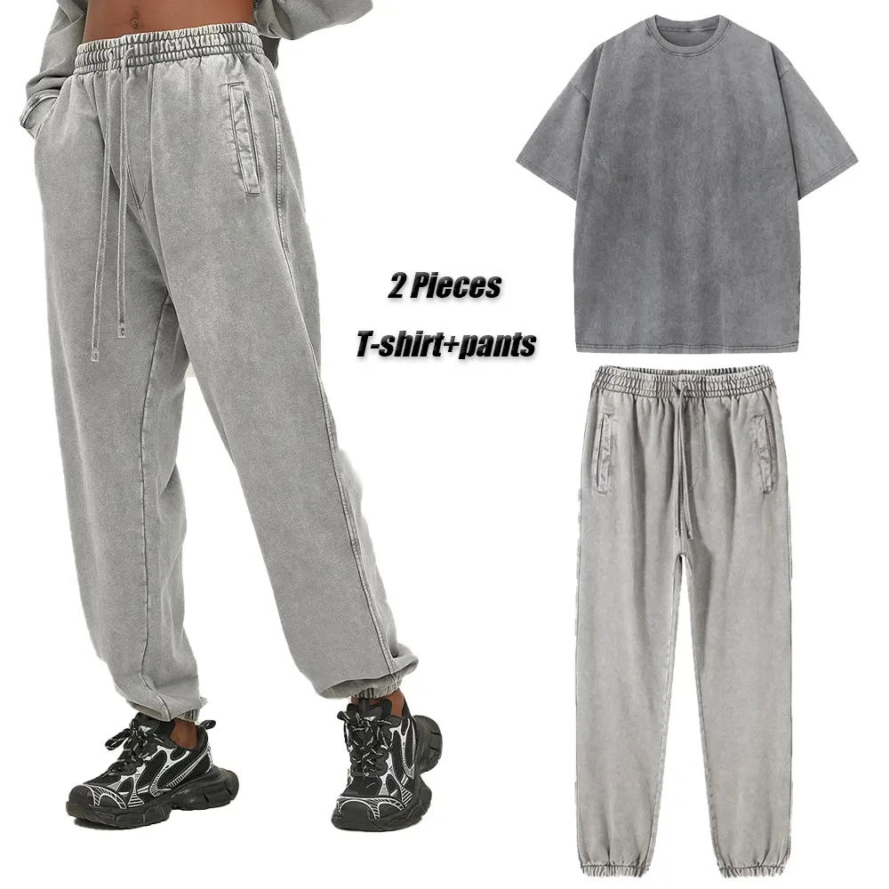 Printed Acid Washed Retro Punk T-Shirt + Acid Pants Set For Men Adults Cotton Shorts Two-Piece Suit Harajuku Streetwear Unisex