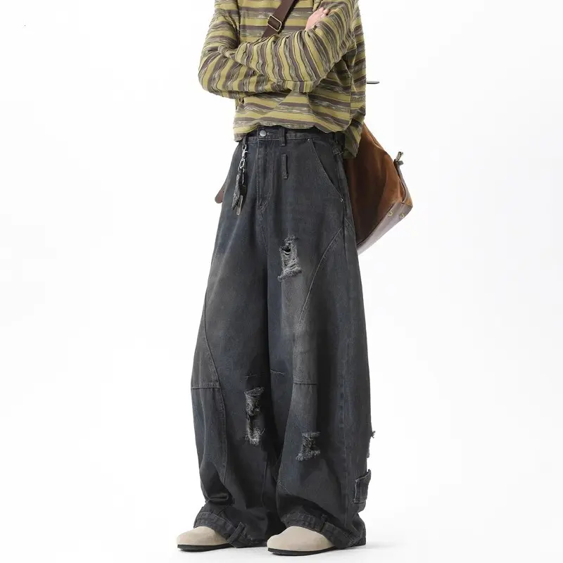 Mens Deconstructed Washed Ripped Scimitar Jeans Cleanfit Trendy Street American Wide Leg Slacks Vintage Denim Pants