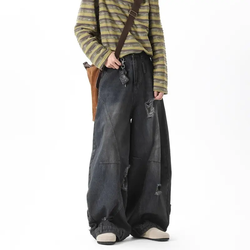 Mens Deconstructed Washed Ripped Scimitar Jeans Cleanfit Trendy Street American Wide Leg Slacks Vintage Denim Pants