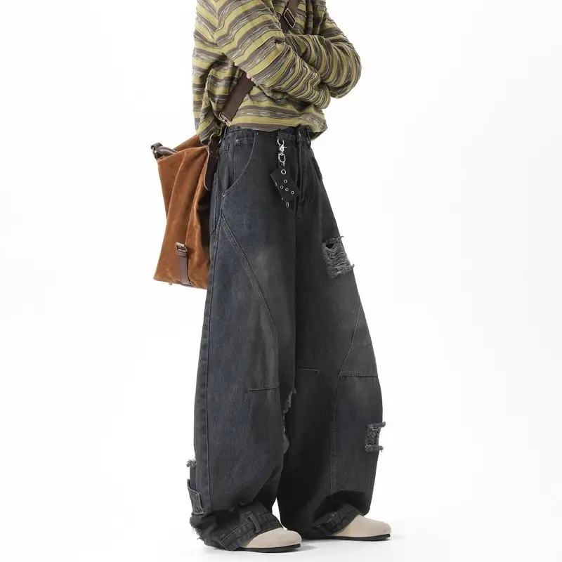 Mens Deconstructed Washed Ripped Scimitar Jeans Cleanfit Trendy Street American Wide Leg Slacks Vintage Denim Pants