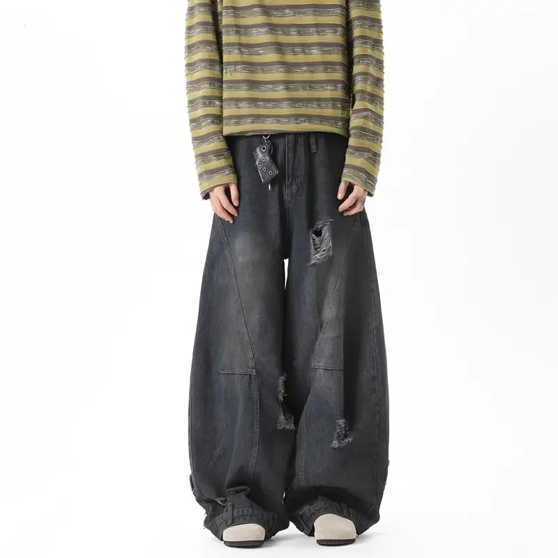 Mens Deconstructed Washed Ripped Scimitar Jeans Cleanfit Trendy Street American Wide Leg Slacks Vintage Denim Pants