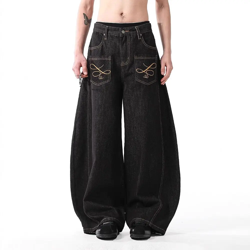 Mens Womens Embroidered Jeans American Vintage Baggy Wide Leg Scimitar Pants Couple Matching Streetwear Trendy