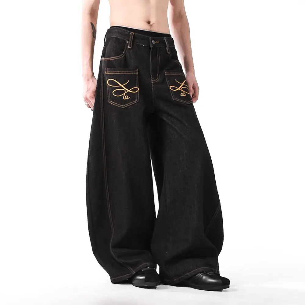 Mens Womens Embroidered Jeans American Vintage Baggy Wide Leg Scimitar Pants Couple Matching Streetwear Trendy