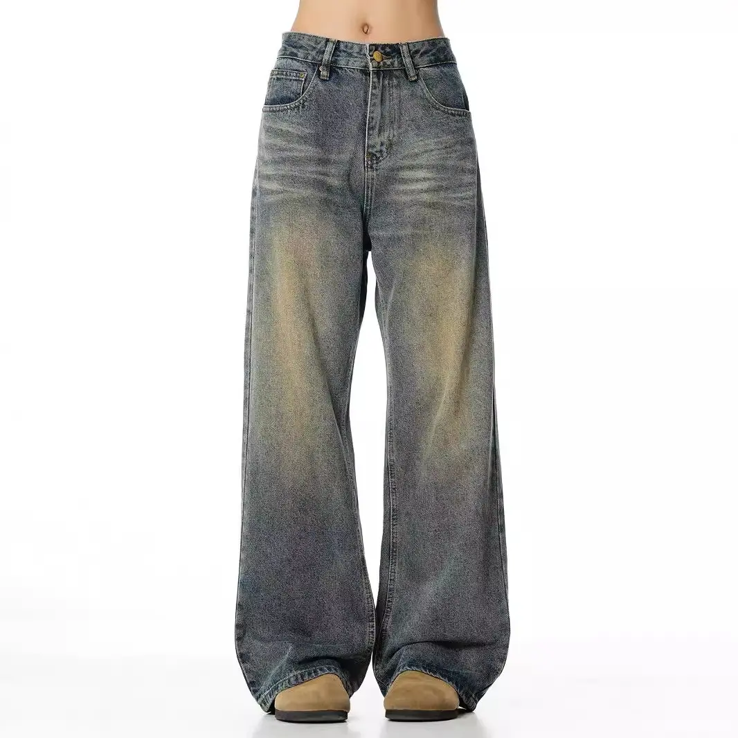 Mens Washed Retro Straight Jeans Autumn New Loose Versatile Wide Leg Floor Length Trousers Vintage Distressed Denim
