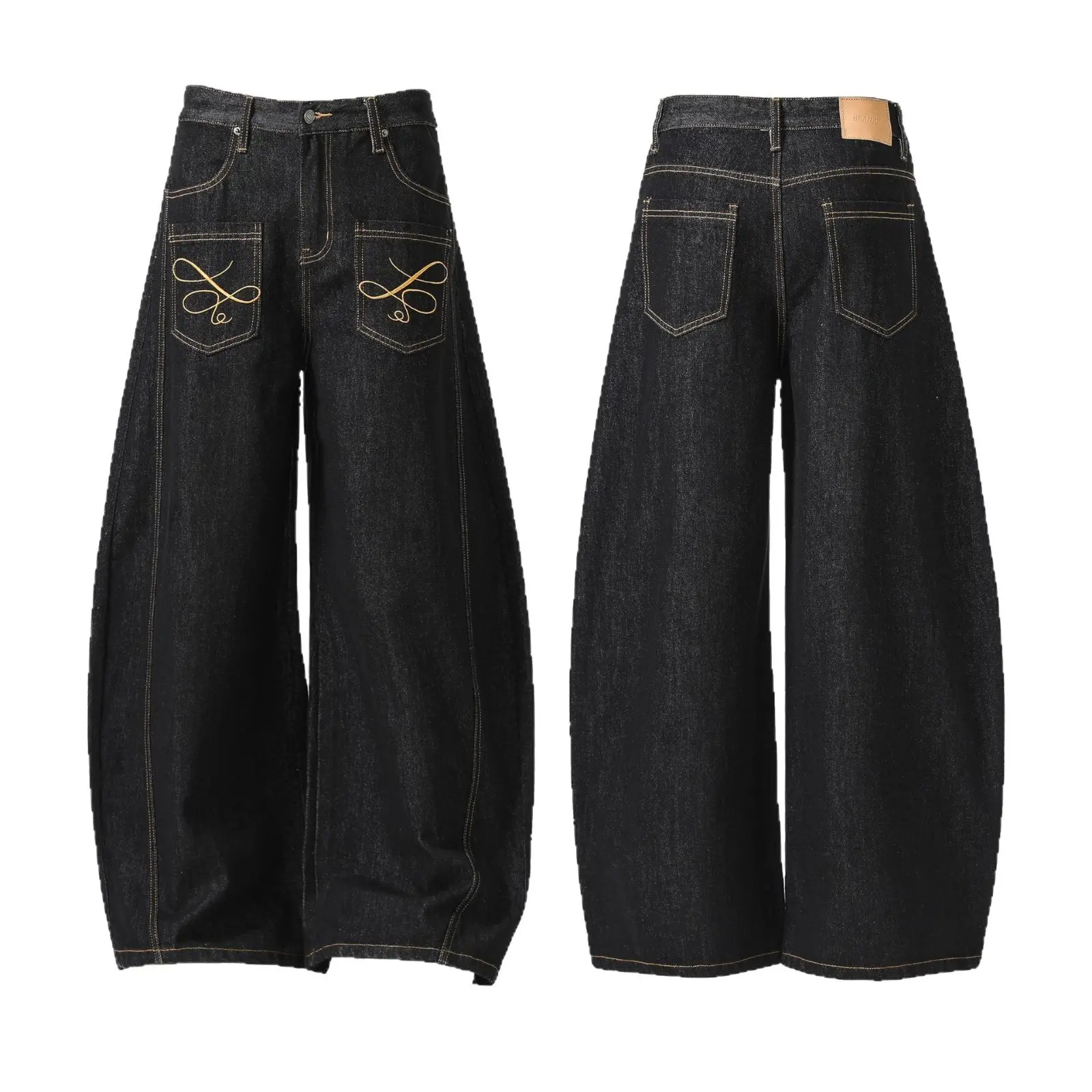 Mens Womens Embroidered Jeans American Vintage Baggy Wide Leg Scimitar Pants Couple Matching Streetwear Trendy
