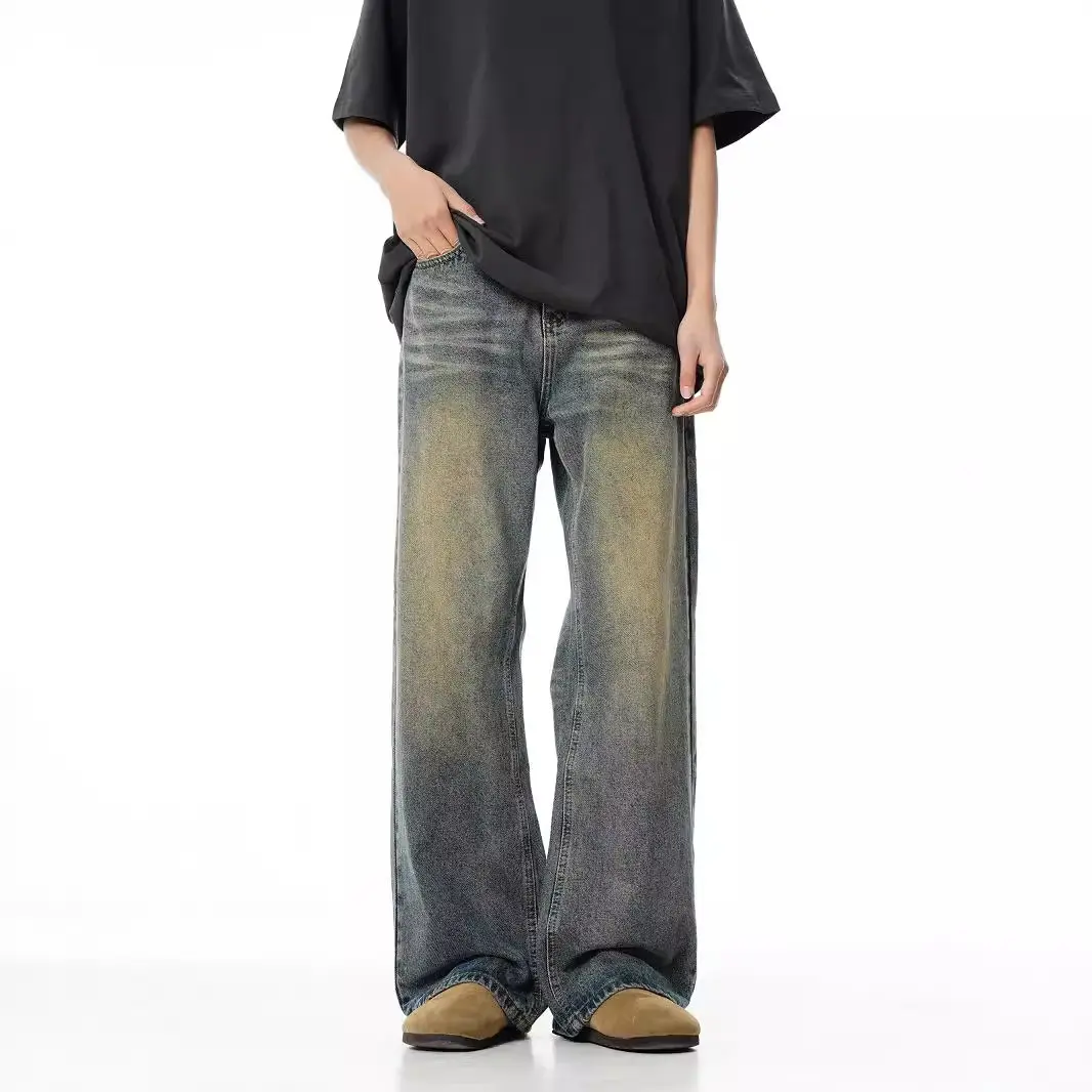 Mens Washed Retro Straight Jeans Autumn New Loose Versatile Wide Leg Floor Length Trousers Vintage Distressed Denim