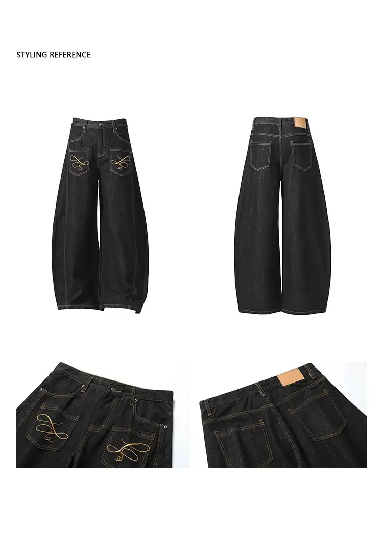 Mens Womens Embroidered Jeans American Vintage Baggy Wide Leg Scimitar Pants Couple Matching Streetwear Trendy