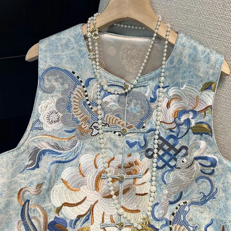 Vest Women Embroidery Tanks Tops Sleeveless Floral Round Neck Top Vests Coats Slim Fit Y2k Streetwear Elegant Splice Mom Jeans