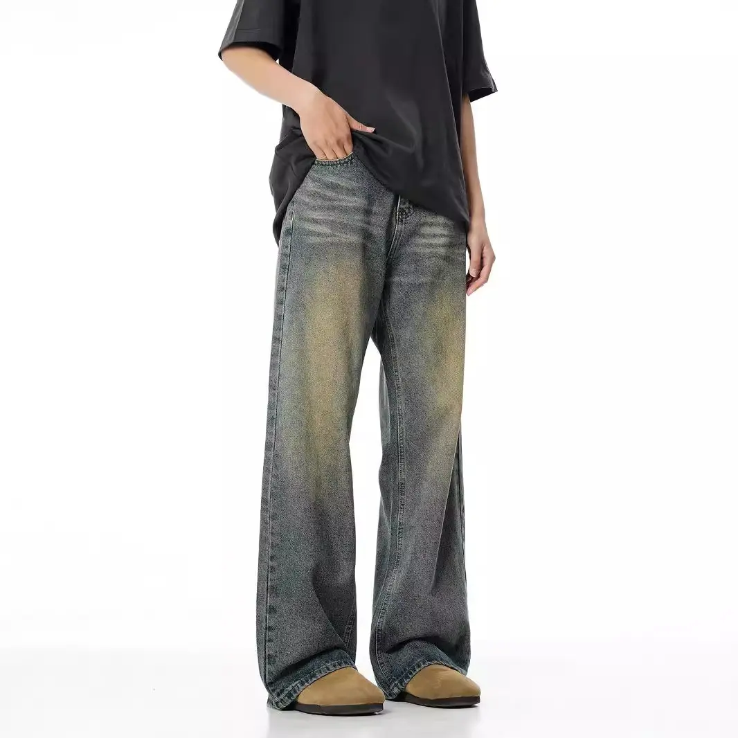 Mens Washed Retro Straight Jeans Autumn New Loose Versatile Wide Leg Floor Length Trousers Vintage Distressed Denim