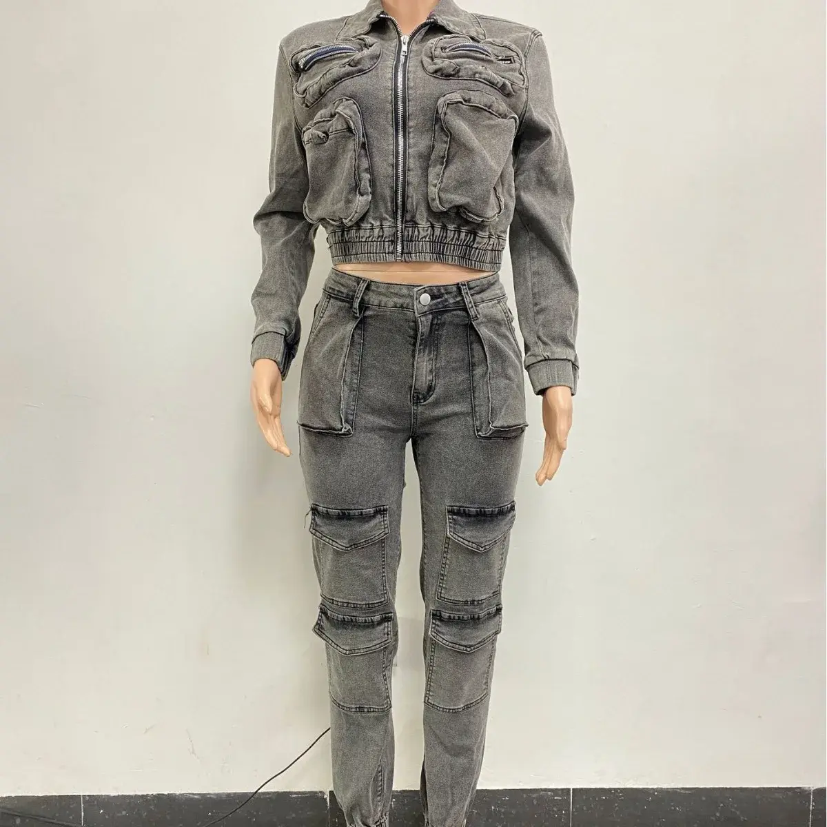 Pant Sets Long Sleeve Women Tracksuit Zipper Denim Coat Cargo Ankle Length Pants Pockets High Street Spliced Slim Matching Sets