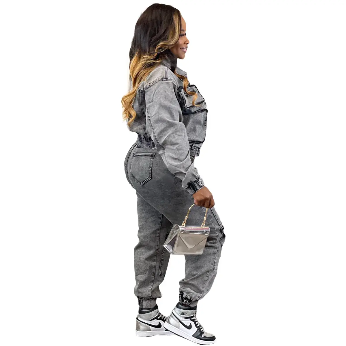 Pant Sets Long Sleeve Women Tracksuit Zipper Denim Coat Cargo Ankle Length Pants Pockets High Street Spliced Slim Matching Sets