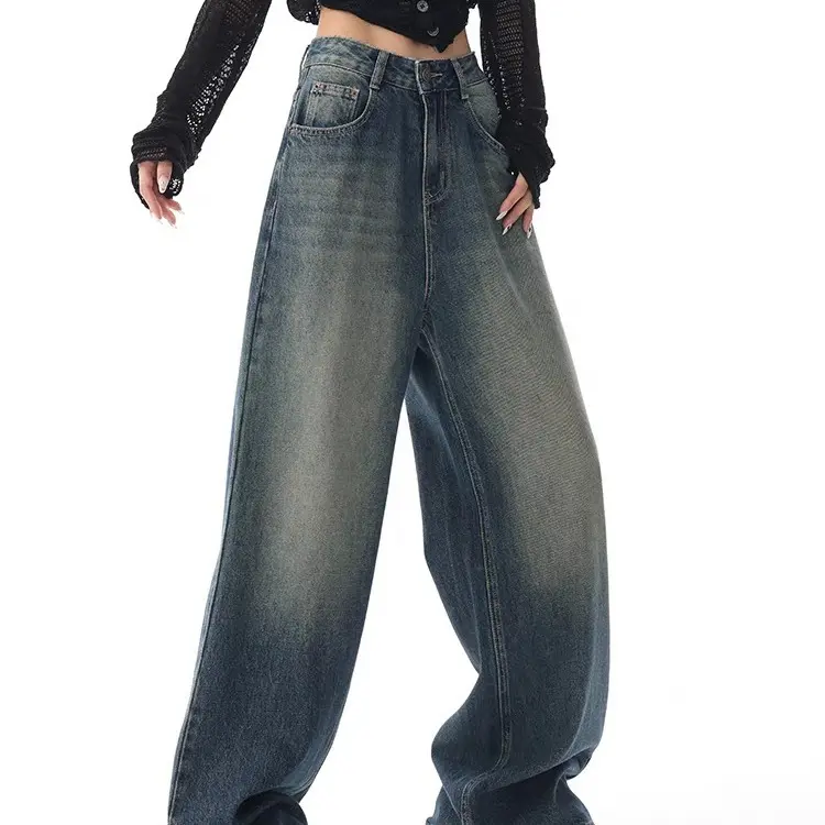 Floor Length Jeans Denim Pants Women Wide Leg Pants Straight Trousers Y2k High Waist Streetwear Mom Jeans Casual Loose 2025