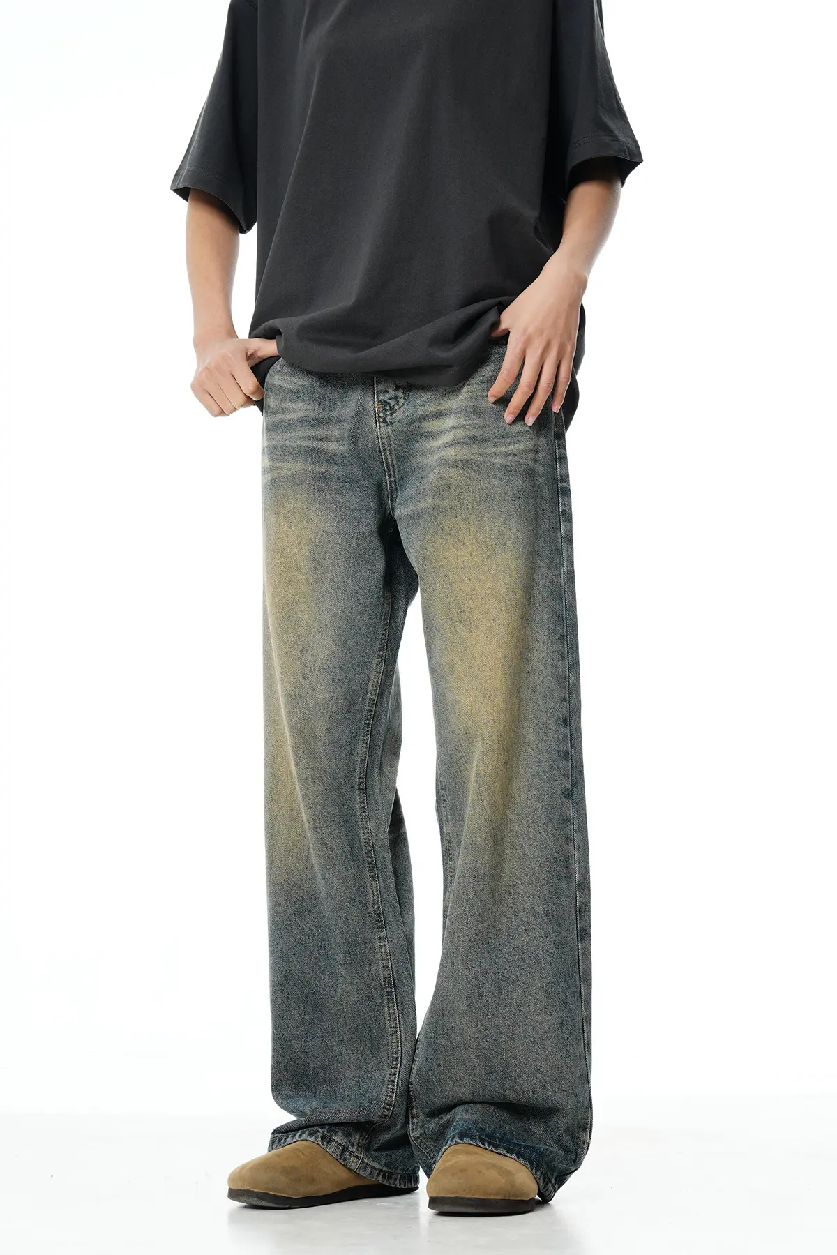 Mens Washed Retro Straight Jeans Autumn New Loose Versatile Wide Leg Floor Length Trousers Vintage Distressed Denim