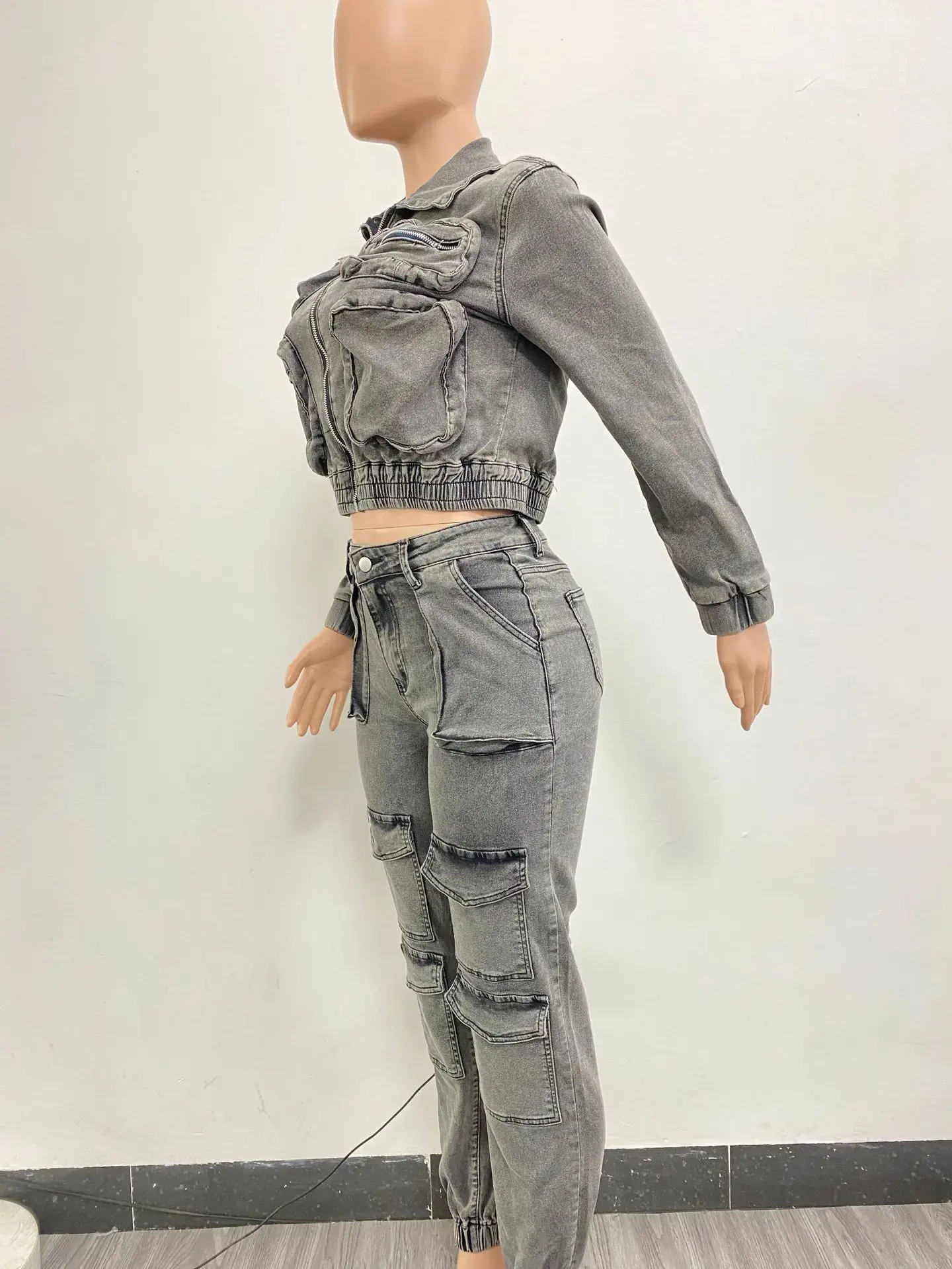 Pant Sets Long Sleeve Women Tracksuit Zipper Denim Coat Cargo Ankle Length Pants Pockets High Street Spliced Slim Matching Sets