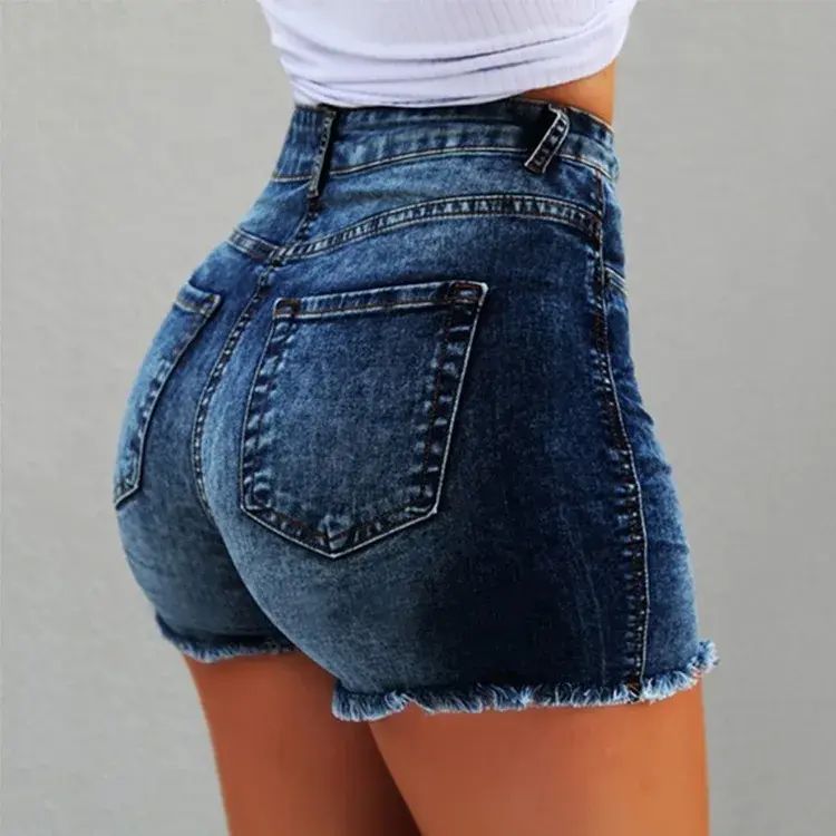 Shorts Denim Women Holes Jeans Mom Skinny High Waist Pockets Zipper Fly Blue Tassel Slight Strech Streetwear 2025 Sexy Bodycon