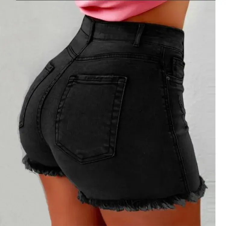 Shorts Denim Women Holes Jeans Mom Skinny High Waist Pockets Zipper Fly Blue Tassel Slight Strech Streetwear 2025 Sexy Bodycon