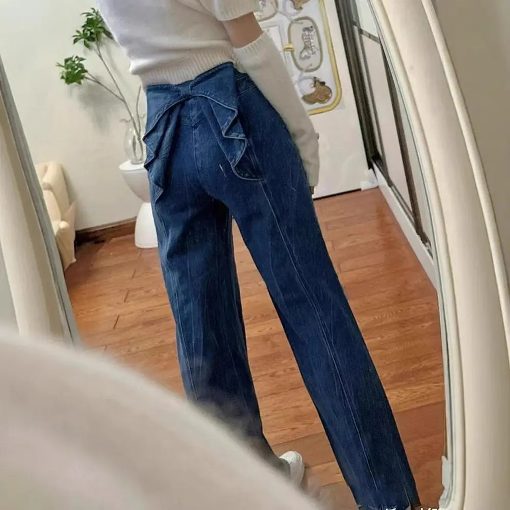 Denim Pant Women Jeans Wide Leg Long Pants Slim Fit High Waist Bow Straight Trousers Y2k Streetwear Elegant Mom Party Club