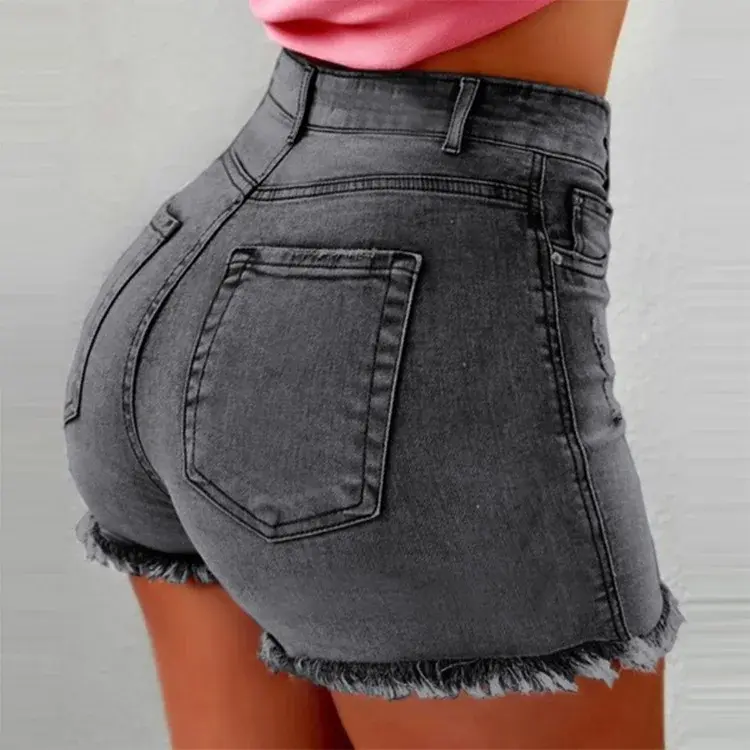 Shorts Denim Women Holes Jeans Mom Skinny High Waist Pockets Zipper Fly Blue Tassel Slight Strech Streetwear 2025 Sexy Bodycon