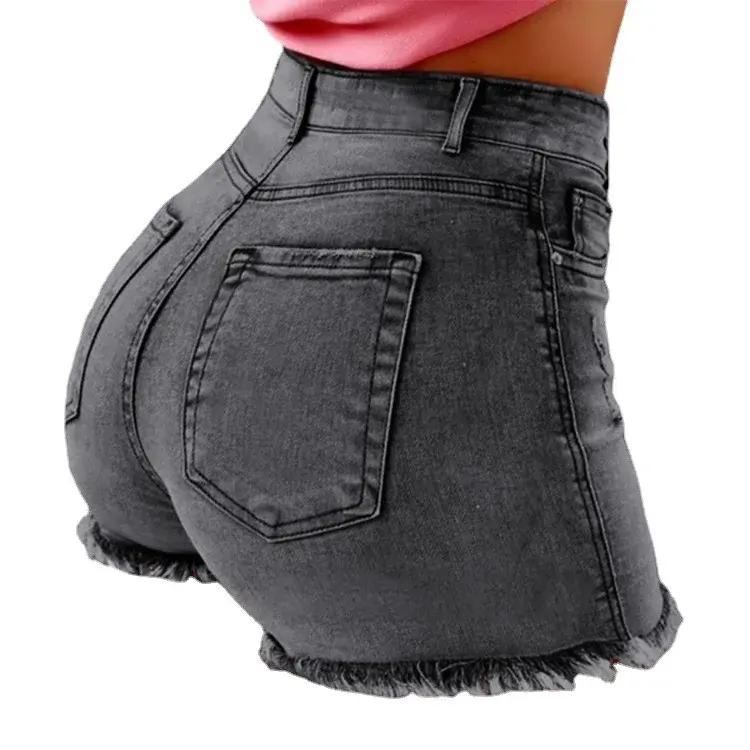 Shorts Denim Women Holes Jeans Mom Skinny High Waist Pockets Zipper Fly Blue Tassel Slight Strech Streetwear 2025 Sexy Bodycon