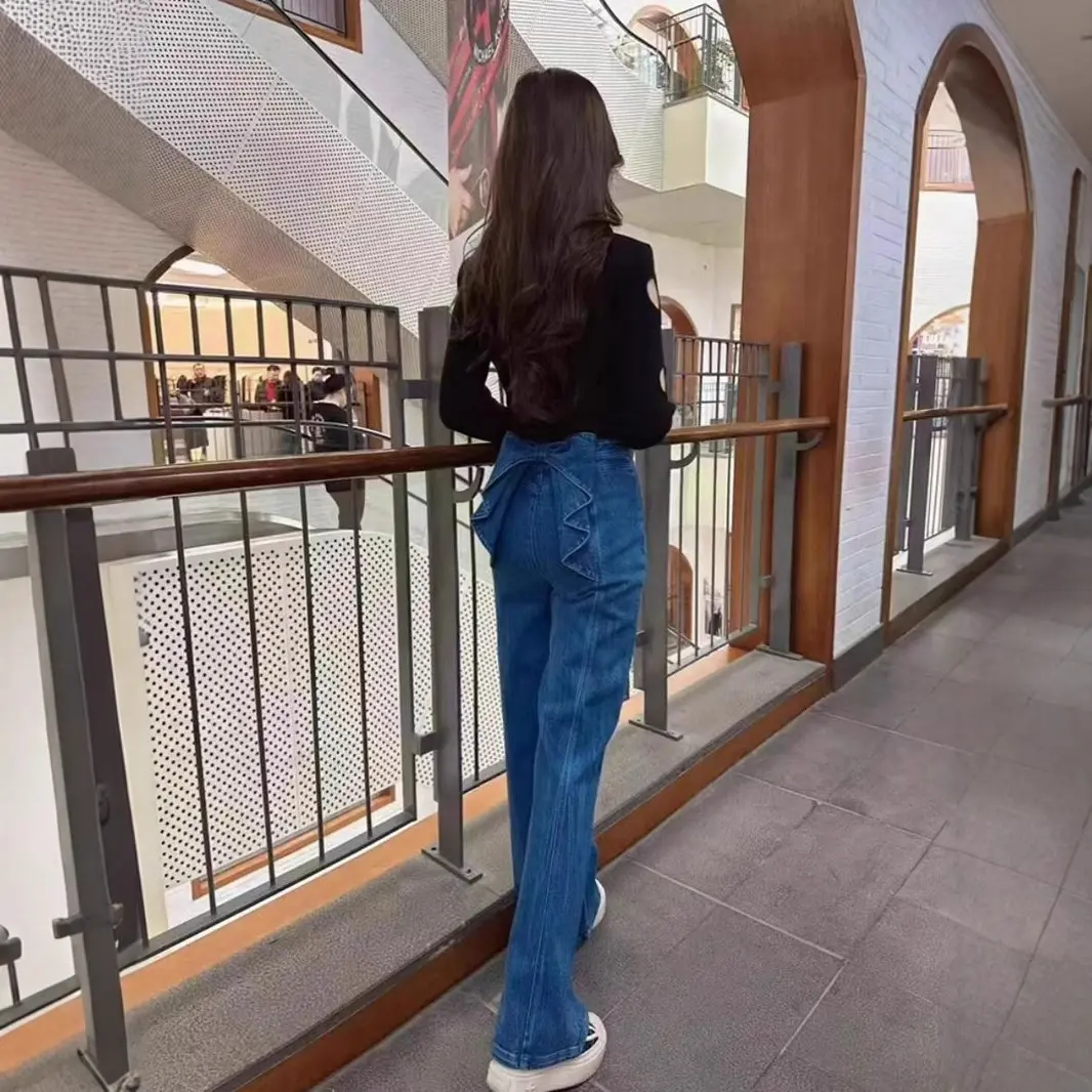 Denim Pant Women Jeans Wide Leg Long Pants Slim Fit High Waist Bow Straight Trousers Y2k Streetwear Elegant Mom Party Club