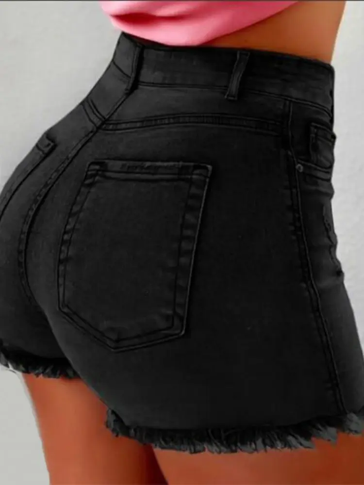 Shorts Denim Women Holes Jeans Mom Skinny High Waist Pockets Zipper Fly Blue Tassel Slight Strech Streetwear 2025 Sexy Bodycon