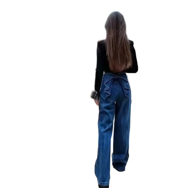 Denim Pant Women Jeans Wide Leg Long Pants Slim Fit High Waist Bow Straight Trousers Y2k Streetwear Elegant Mom Party Club