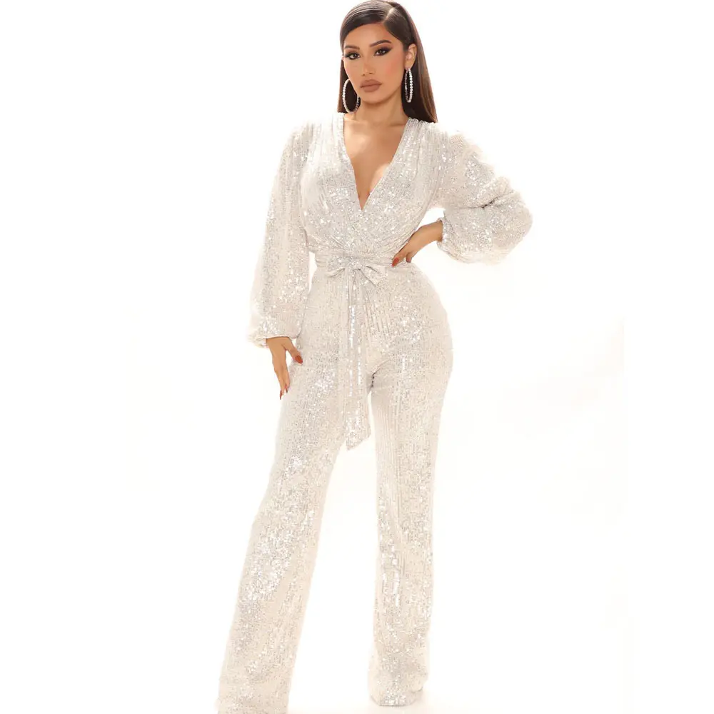 Jumpsuit Women Sexy V Neck Sequins Long Sleeve Casual Belt Overalls Female High Waist Playsuit Elegant Ladies Party Club Romper