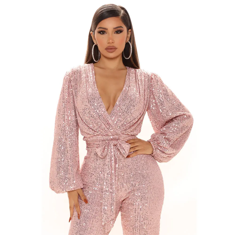 Jumpsuit Women Sexy V Neck Sequins Long Sleeve Casual Belt Overalls Female High Waist Playsuit Elegant Ladies Party Club Romper