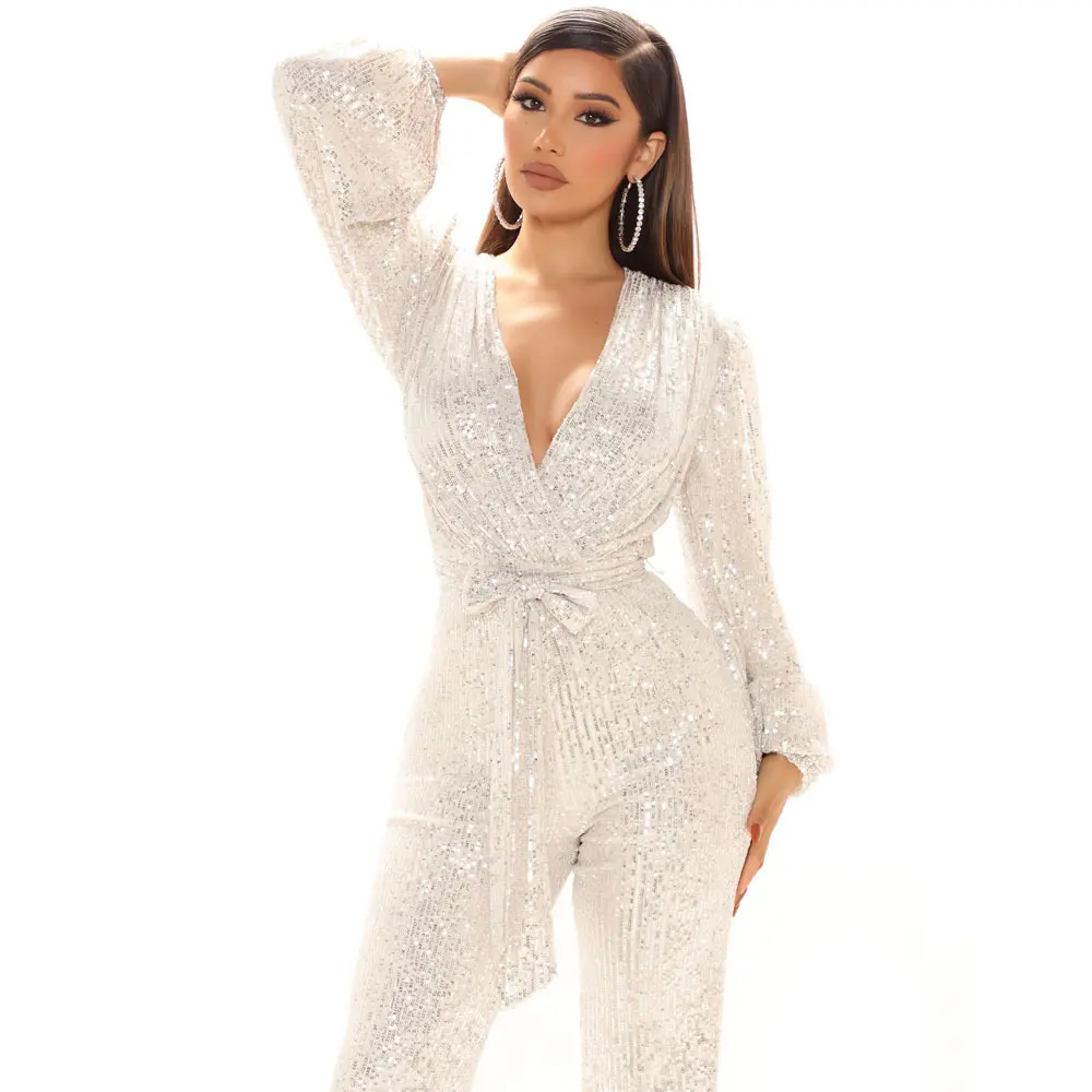 Jumpsuit Women Sexy V Neck Sequins Long Sleeve Casual Belt Overalls Female High Waist Playsuit Elegant Ladies Party Club Romper