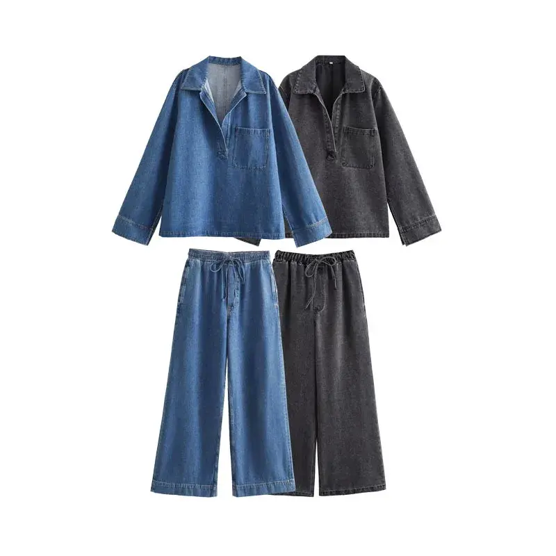 Two Piece Sets Women Denim Top Straight Wide Leg Pants Mom Jeans Matching Sets Lace Up Trousers Ensemble Streetwear Outfits