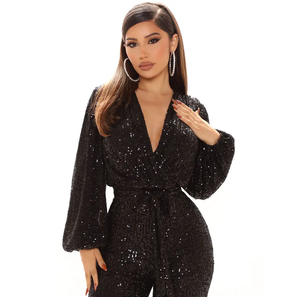 Jumpsuit Women Sexy V Neck Sequins Long Sleeve Casual Belt Overalls Female High Waist Playsuit Elegant Ladies Party Club Romper