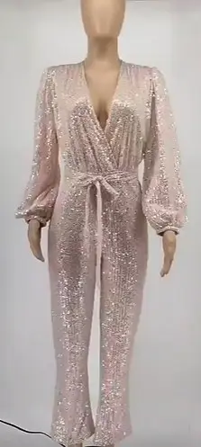 Jumpsuit Women Sexy V Neck Sequins Long Sleeve Casual Belt Overalls Female High Waist Playsuit Elegant Ladies Party Club Romper